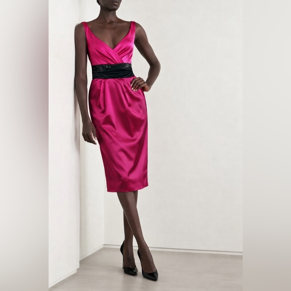Onyx Nite Fuchsia Bright Pink Black Bow Sexy Cocktail Satin Dress 6 S